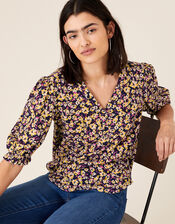 Missie Floral Short Sleeve Top, Blue (NAVY), large