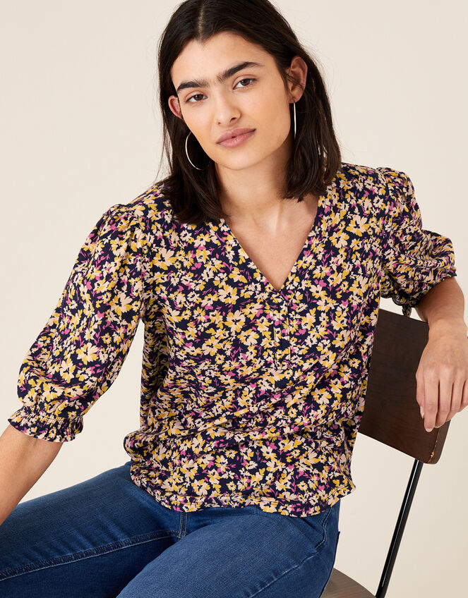 Missie Floral Short Sleeve Top, Blue (NAVY), large