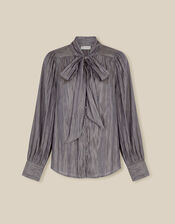Mira Metallic Pussybow Blouse, Silver (SILVER), large