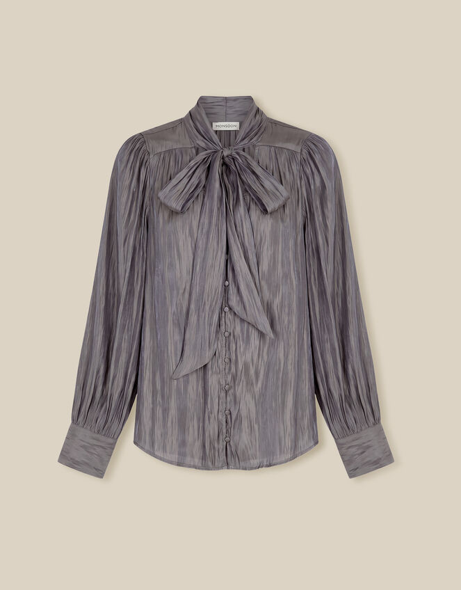 Mira Metallic Pussybow Blouse, Silver (SILVER), large