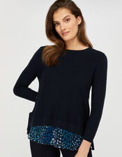 Nala Floral Woven Hem Jumper, Blue (NAVY), large