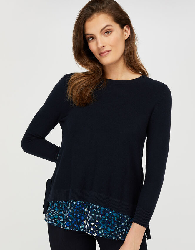 Nala Floral Woven Hem Jumper, Blue (NAVY), large