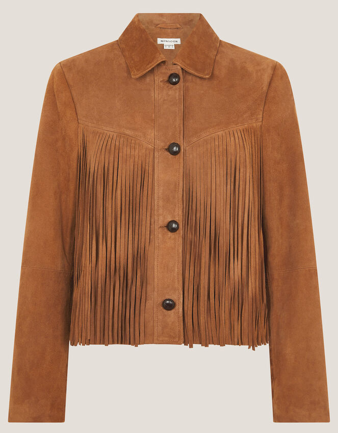 Lily Fringe Suede Jacket, Tan (TAN), large