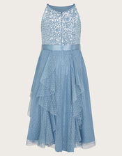 Sequin Waterfall Tulle Dress, Blue (BLUE), large
