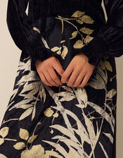 Clemence Paloma High Neck Floral Print Velvet Midi Dress, Black (BLACK), large