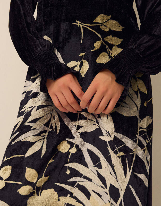 Clemence Paloma High Neck Floral Print Velvet Midi Dress, Black (BLACK), large