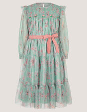 Ditsy Floral Print Belted Dress, Green (GREEN), large