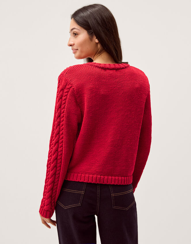 Kelly Flower Button Cable Knit Cardigan, Red (RED), large
