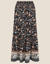 Caprice Shirred Waist Floral Skirt, Black (BLACK), large