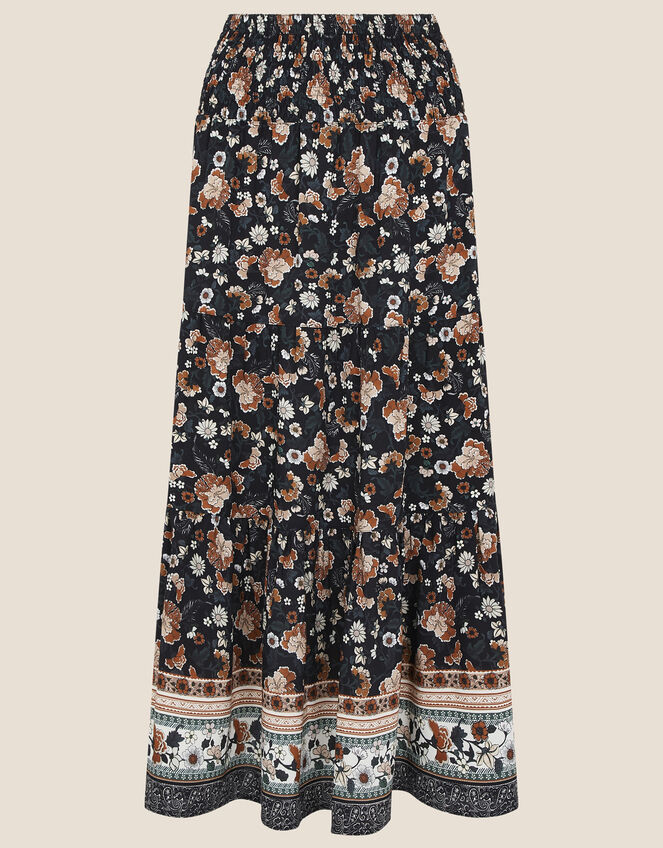Caprice Shirred Waist Floral Skirt, Black (BLACK), large