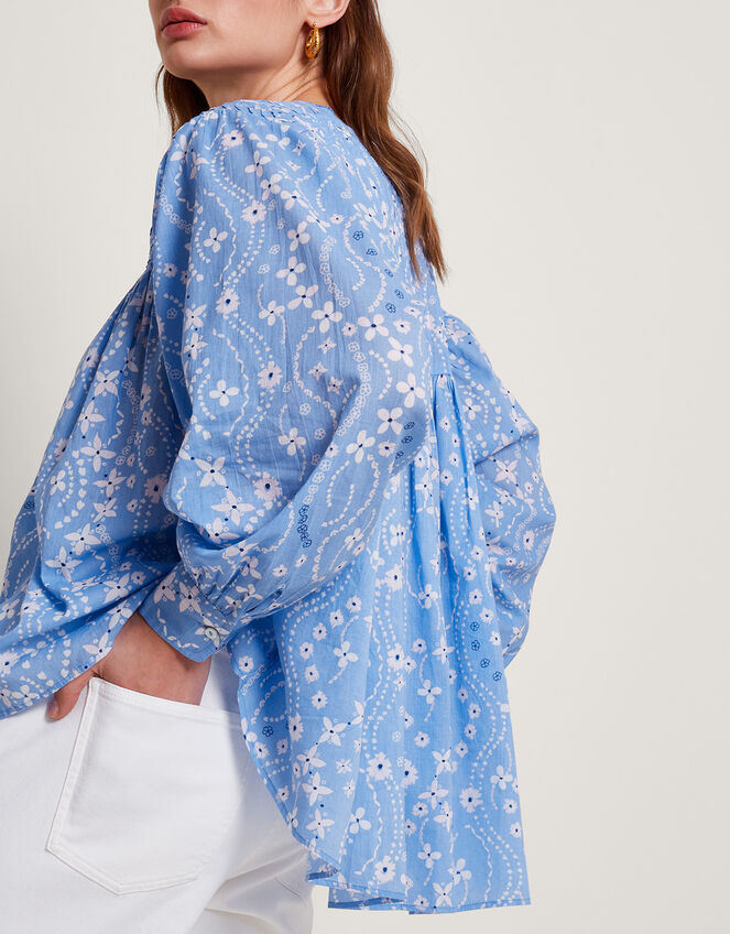 Dahlia Print Oversized Shirt, Blue (BLUE), large