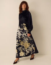 Clemence Paloma High Neck Floral Print Velvet Midi Dress, Black (BLACK), large