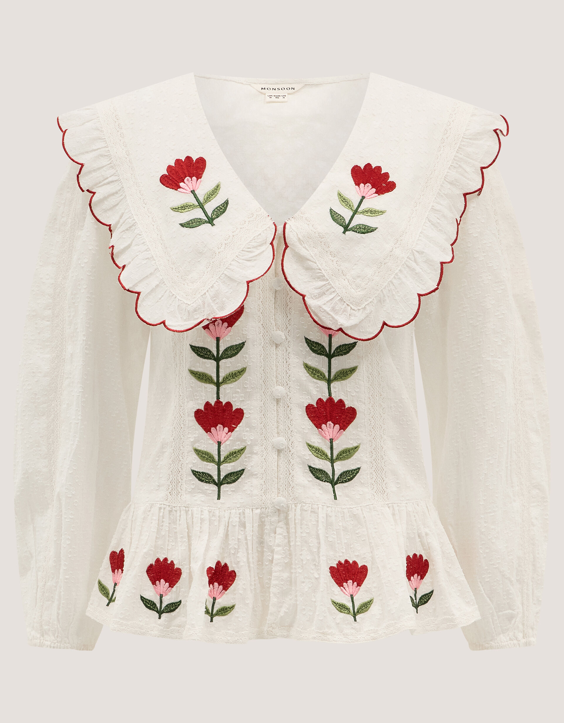 Talia Tulip Embroidered Scallop Collar Top White | Tops & T-shirts