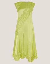 Ingrid Embroidered Satin Midi Dress, Green (CHARTREUSE), large
