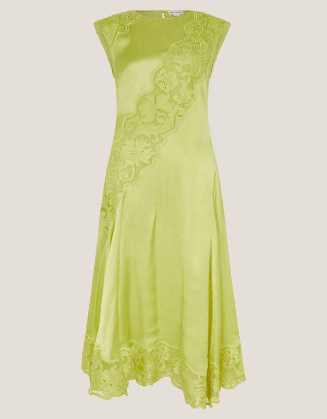 Ingrid Embroidered Satin Midi Dress, Green (CHARTREUSE), large
