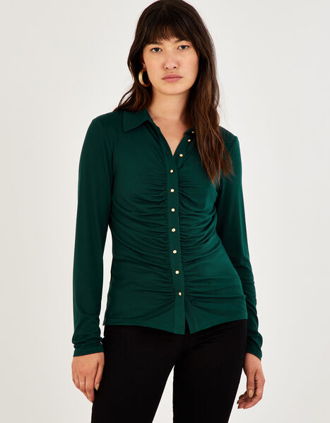 Button Through Ruched Jersey Shirt Green, Green (GREEN), large