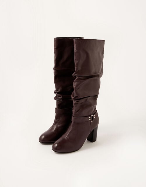 Belle Buckle Slouch Leather Boots, Red (BURGUNDY), large