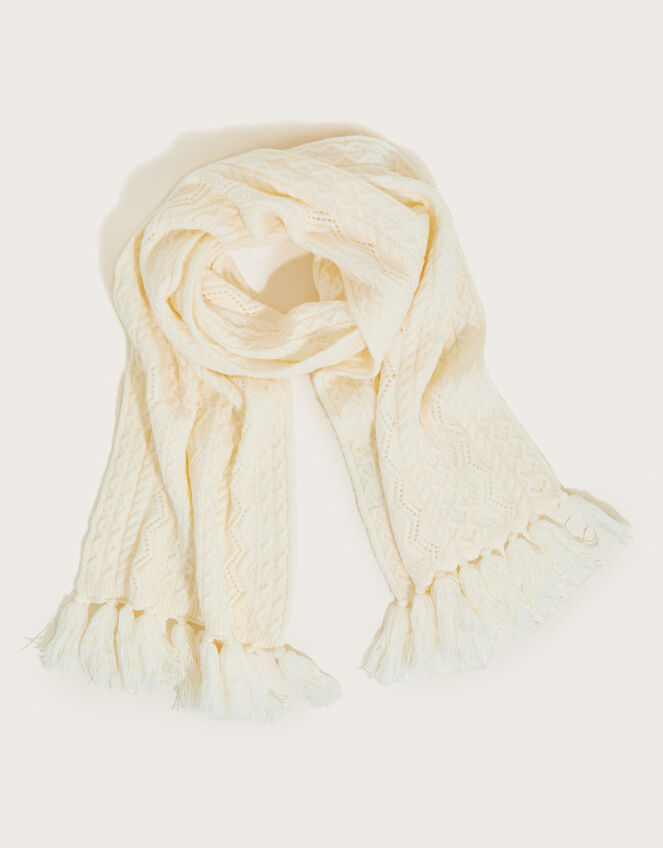 Tassel Trim Cable Knit Scarf
