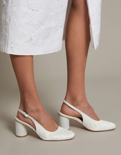 Pelia Pearl Satin Slingback Heels, Ivory (IVORY), large