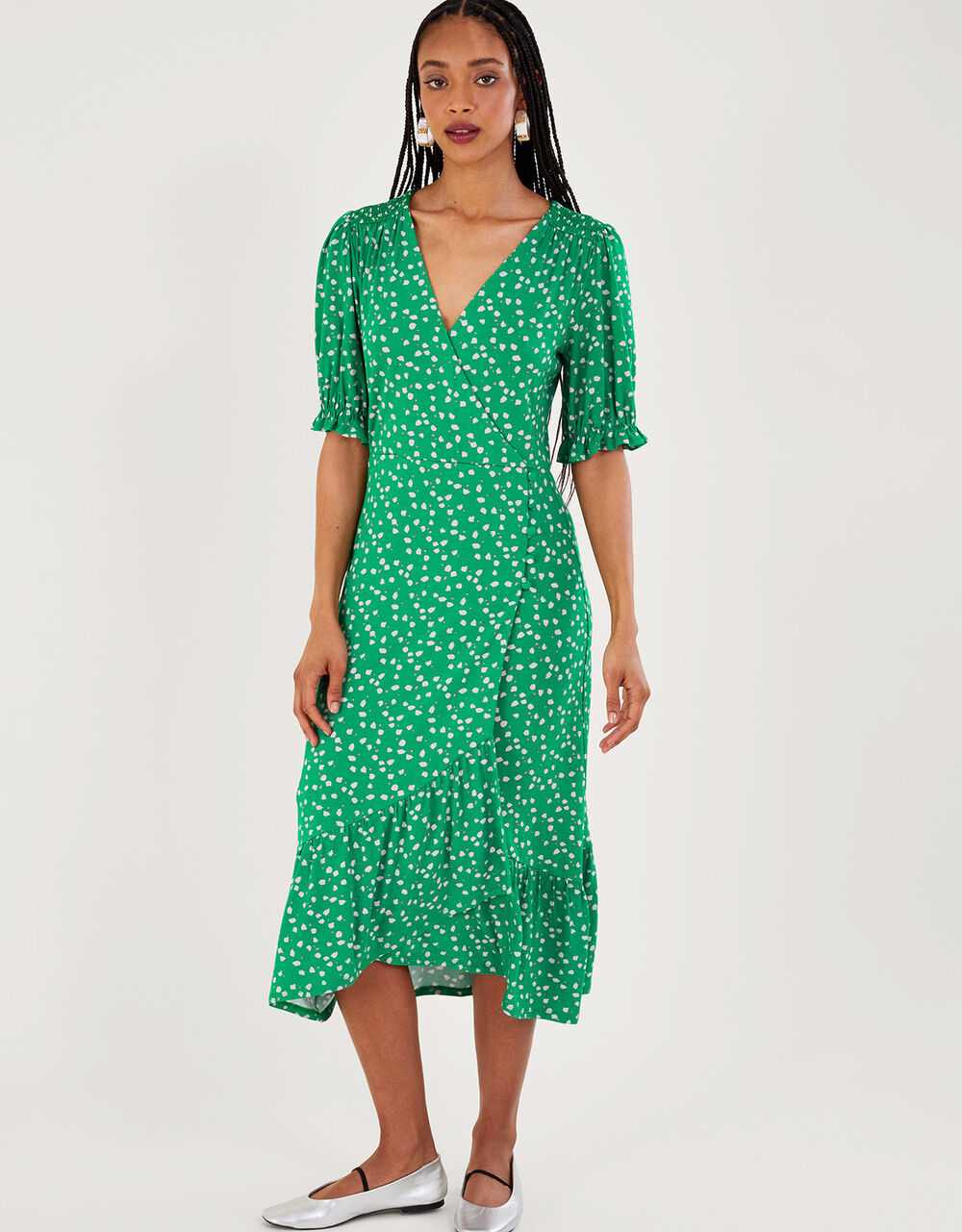 Hattie Spot Wrap Dress Green Work Dresses Monsoon UK.
