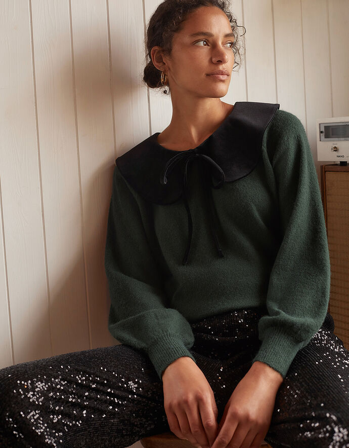Velvet Tie Collar Knit Jumper Green