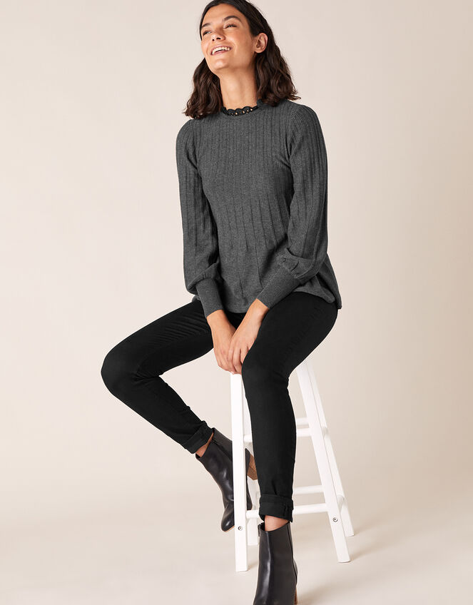 Woven Neckline Knit Jumper with Recycled Polyester, Grey (CHARCOAL), large