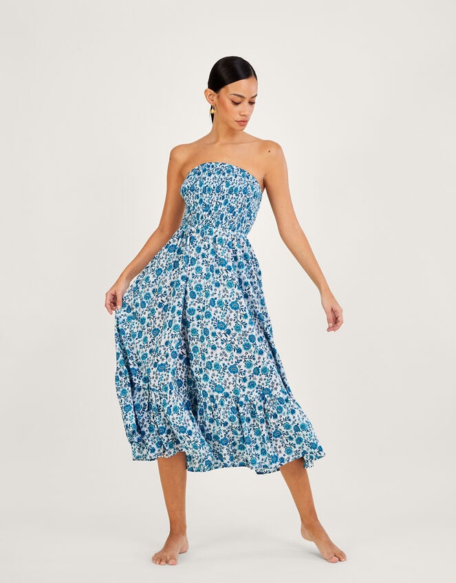 Floral Print Bandeau Dress in Sustainable Cotton Blue