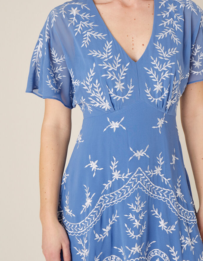 Daisy Embroidered Hanky Hem Dress Blue
