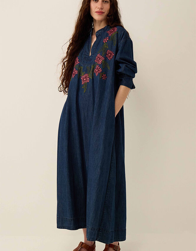 East Reyna Denim Embroidered Dress, Blue (INDIGO), large