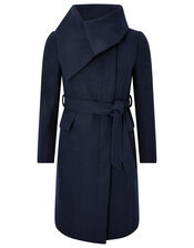 Keryn Wrap Collar Belted Coat, Blue (NAVY), large
