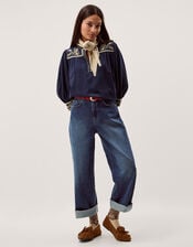 Emi Embroidered Cotton Jersey Top, Blue (NAVY), large