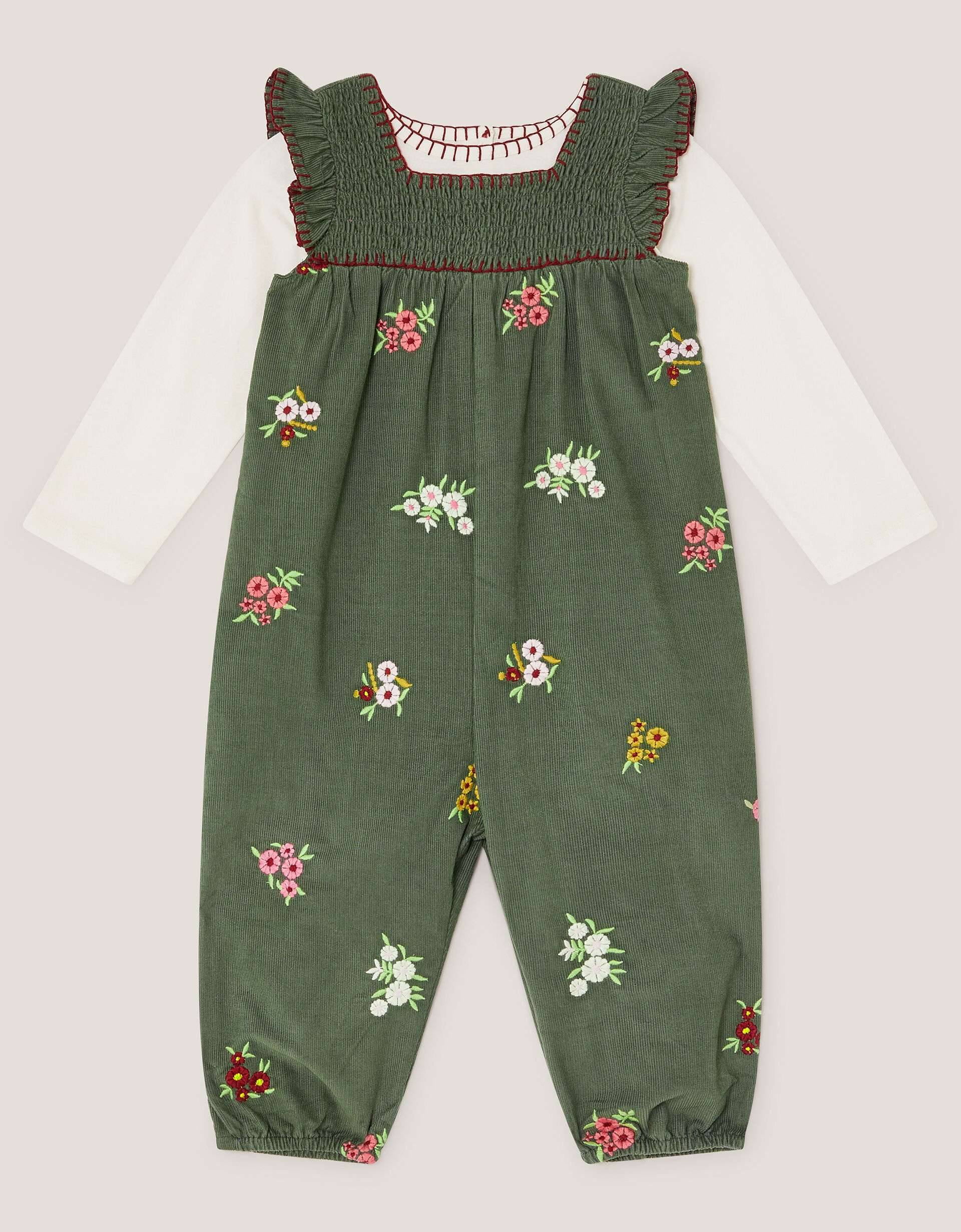 Long Sleeve Top & Floral Corduroy Dungarees Set Green