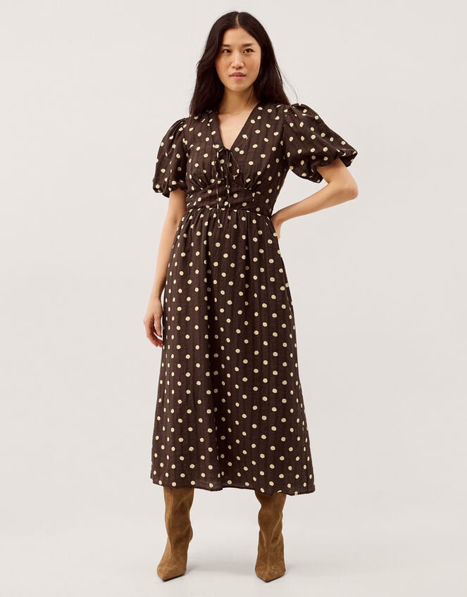 Paris Puff Sleeve Polka Dot Midi Dress, Brown (CHOCOLATE), large