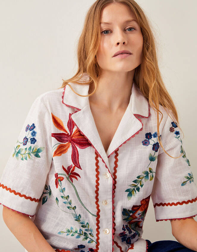Delphi Floral Embroidered Cotton Shirt, White (WHITE), large