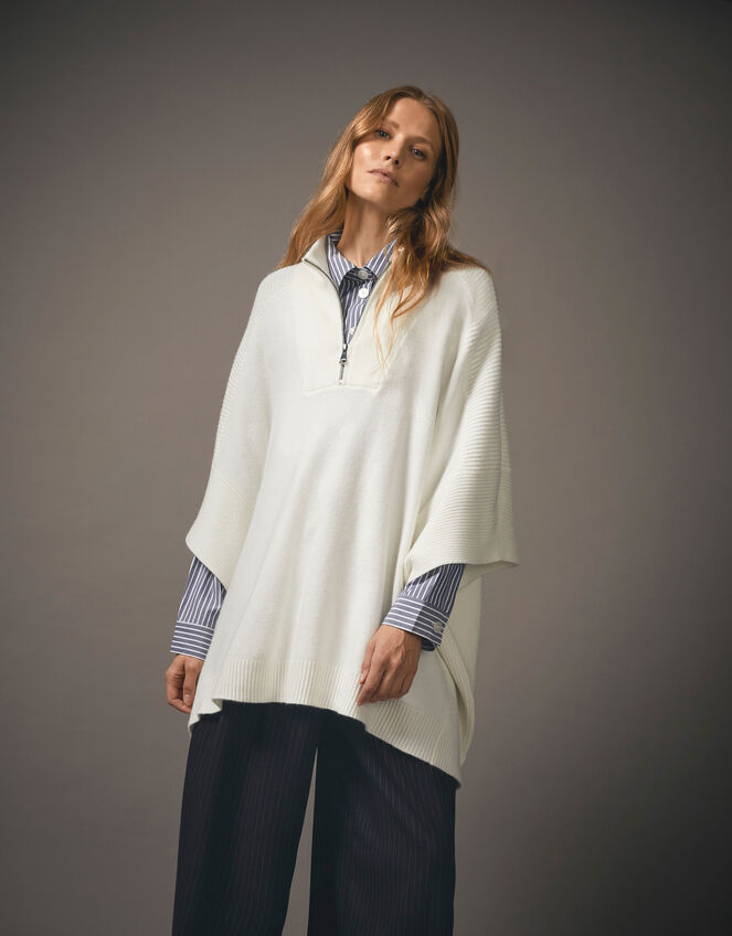 Half Zip Knit Poncho, Cream (CREAM), large