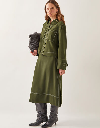 Katya Tie Waist Midi Skirt, Green (KHAKI), large