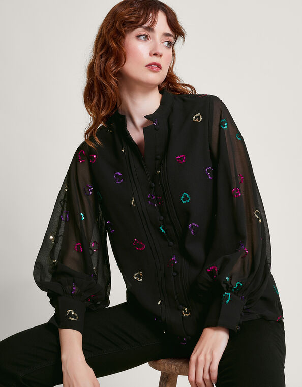 Hope Heart Sequin Blouse, Black (BLACK), large