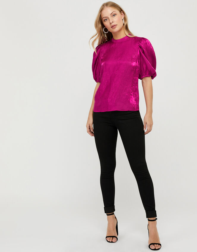 Cassidy Crinkle Puff Sleeve Blouse, Pink (PINK), large