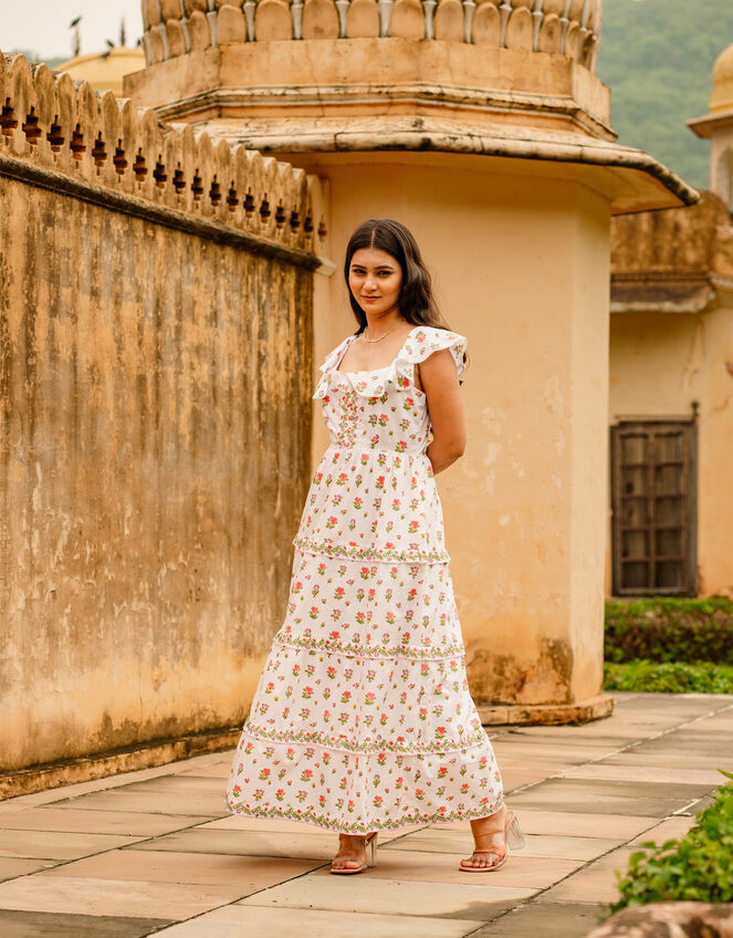 India & Mills Pandora Floral Tiered Maxi Dress, White (WHITE), large