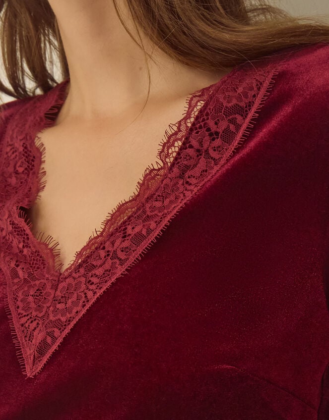 Lexi Lace Trim Velvet Top, Red (BURGUNDY), large