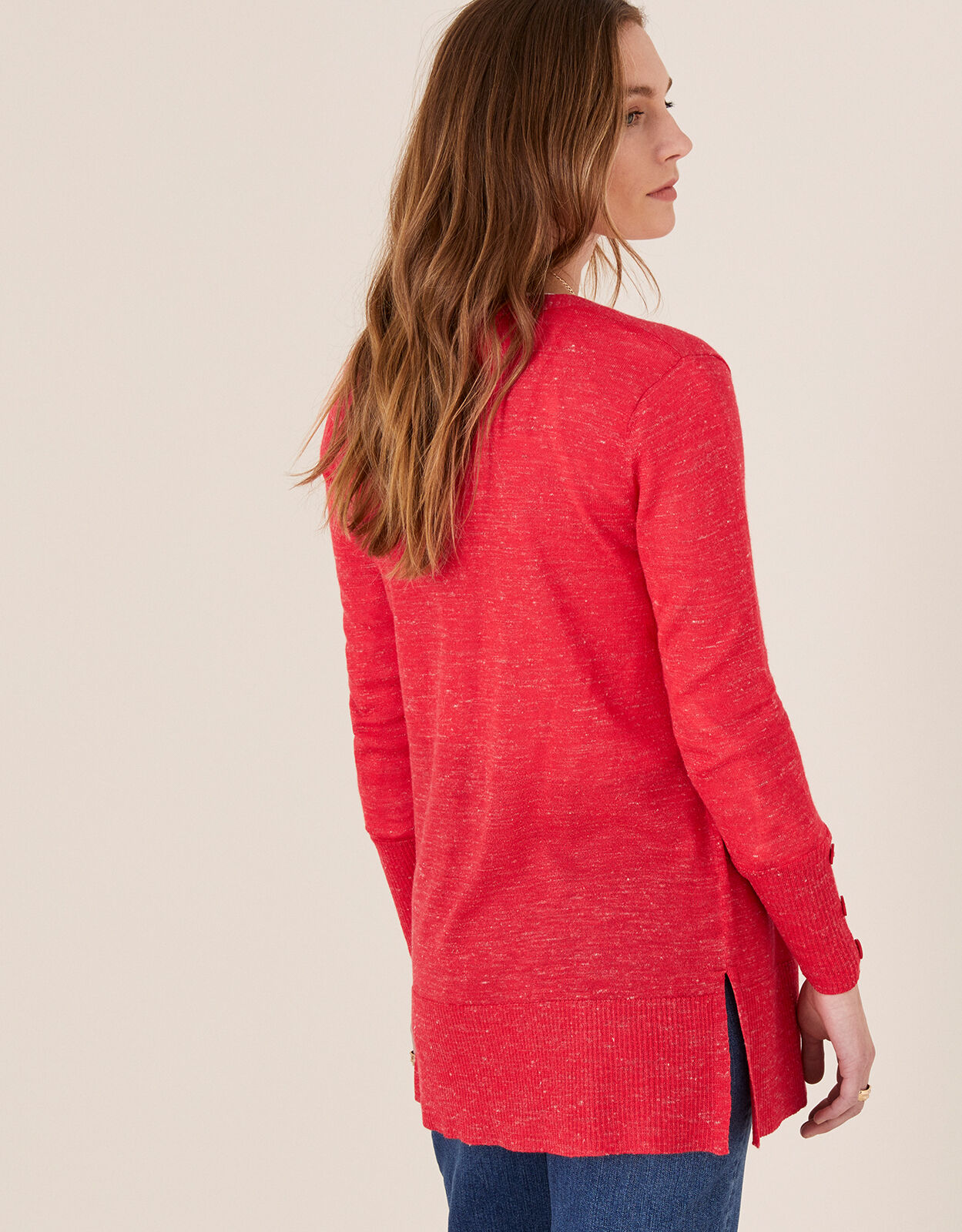 Button Cuff Cardigan in Linen Blend Red