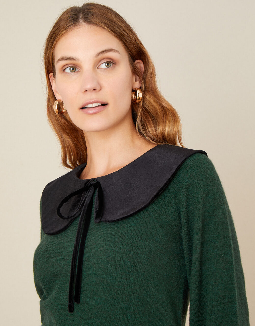 Velvet Tie Collar Knit Jumper Green