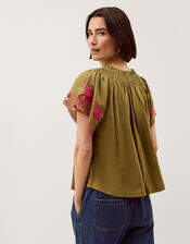 Fiona Embroidered Cotton Top, Green (KHAKI), large