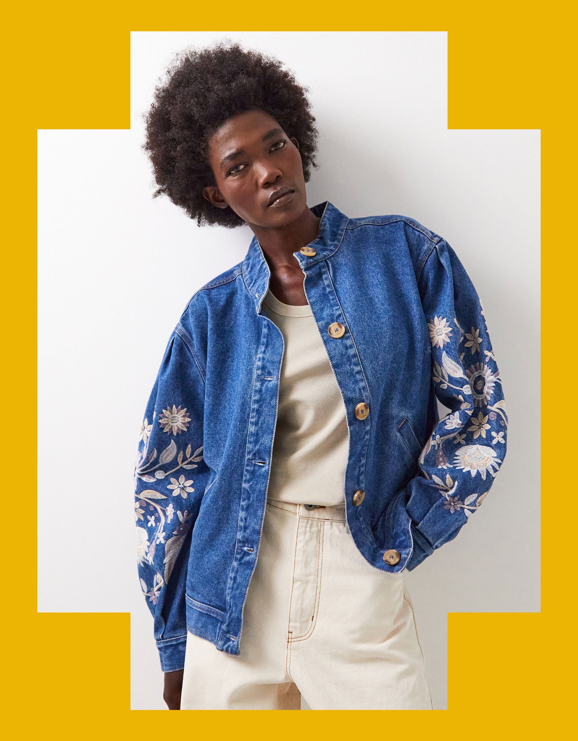 ジャケット・アウター Tostalgic Clothing denim jacket floral East Floral Embroidered Denim Jacket Blue