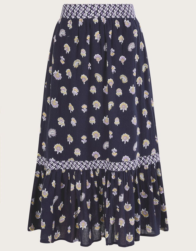 Floral Print Midi Skirt, Blue (NAVY), large