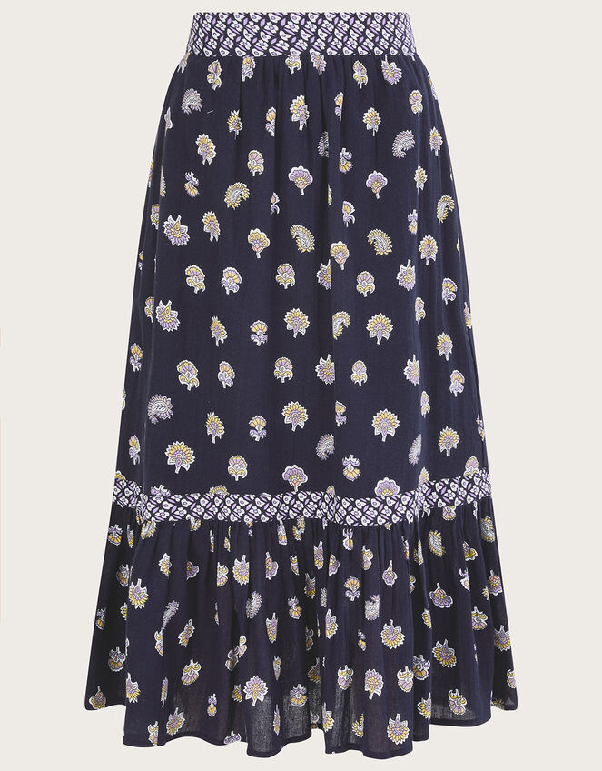 Floral Print Midi Skirt in Sustainable Cotton, Blue (NAVY), large