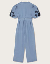 Floral Embroidered Chambray Jumpsuit, Blue (BLUE), large