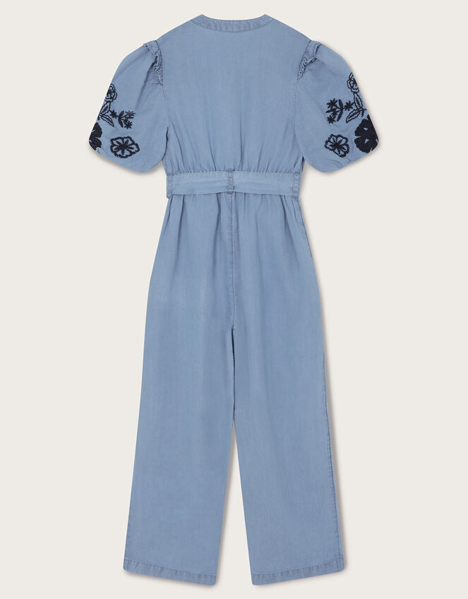 Floral Embroidered Chambray Jumpsuit, Blue (BLUE), large