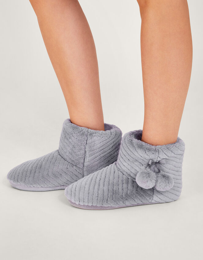 Quilted Pom-Pom Slipper Boots, Grey (GREY), large