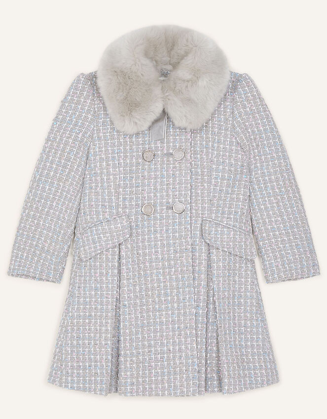Tweed Faux Fur Collar Coat, Grey (GREY), large